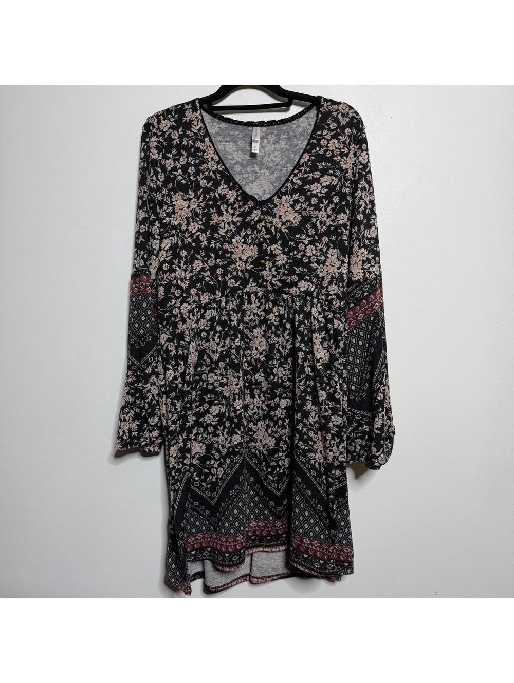 Xhilaration Black Floral Bell Sleeve Boho Dress XL Mixed Print Cottagecore
